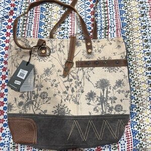 Myra Bag Gray Floral Canvas Tote with Brown Trim